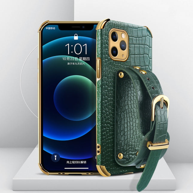 Electroplated TPU Crocodile Pattern Leather Case with Wrist Strap For iPhone 11 Pro(Green)-garmade.com