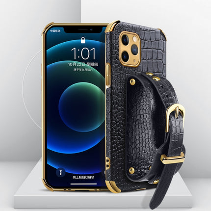 Electroplated TPU Crocodile Pattern Leather Case with Wrist Strap For iPhone 11 Pro(Black)-garmade.com