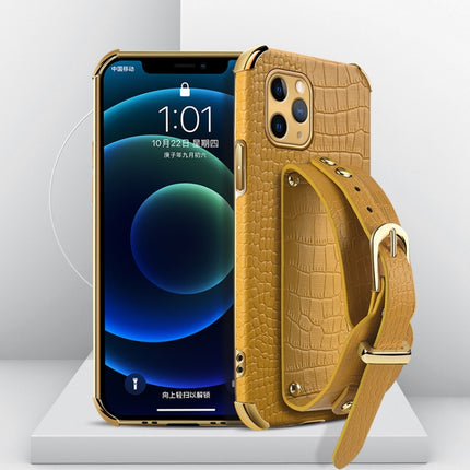Electroplated TPU Crocodile Pattern Leather Case with Wrist Strap For iPhone 11 Pro Max(Yellow)-garmade.com