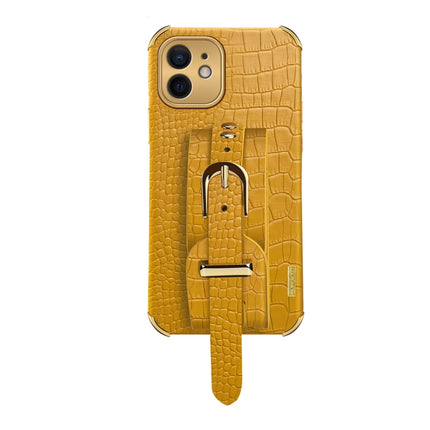 Electroplated TPU Crocodile Pattern Leather Case with Wrist Strap For iPhone 12(Yellow)-garmade.com