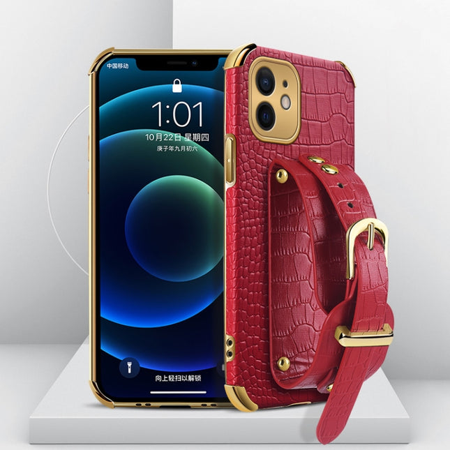 Electroplated TPU Crocodile Pattern Leather Case with Wrist Strap For iPhone 12(Red)-garmade.com