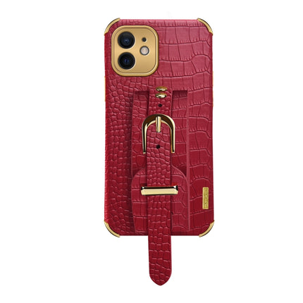 Electroplated TPU Crocodile Pattern Leather Case with Wrist Strap For iPhone 12(Red)-garmade.com