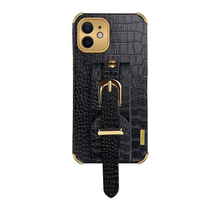 Electroplated TPU Crocodile Pattern Leather Case with Wrist Strap For iPhone 12(Black)-garmade.com