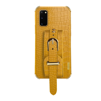 Electroplated TPU Crocodile Pattern Leather Case with Wrist Strap For Samsung Galaxy S20(Yellow)-garmade.com
