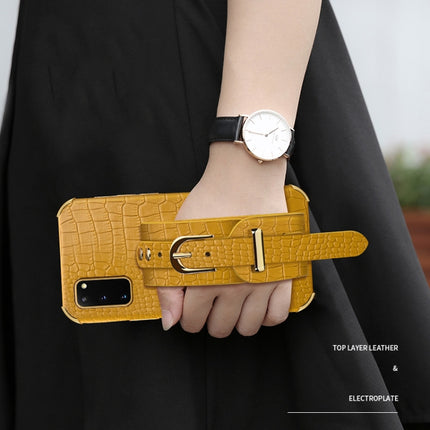 Electroplated TPU Crocodile Pattern Leather Case with Wrist Strap For Samsung Galaxy S20(Yellow)-garmade.com
