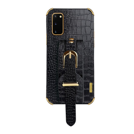 Electroplated TPU Crocodile Pattern Leather Case with Wrist Strap For Samsung Galaxy S20(Black)-garmade.com