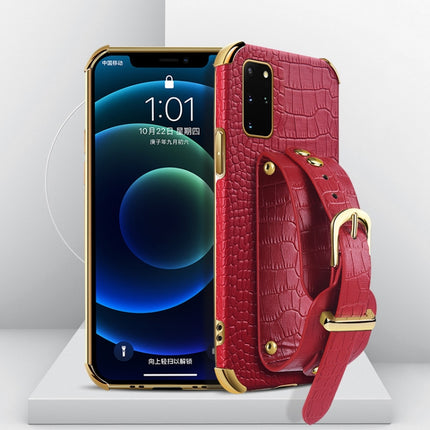 Electroplated TPU Crocodile Pattern Leather Case with Wrist Strap For Samsung Galaxy S20+(Red)-garmade.com