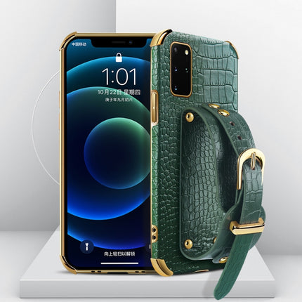 Electroplated TPU Crocodile Pattern Leather Case with Wrist Strap For Samsung Galaxy S20+(Green)-garmade.com