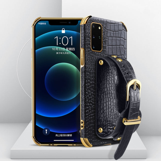 Electroplated TPU Crocodile Pattern Leather Case with Wrist Strap For Samsung Galaxy S20+(Black)-garmade.com