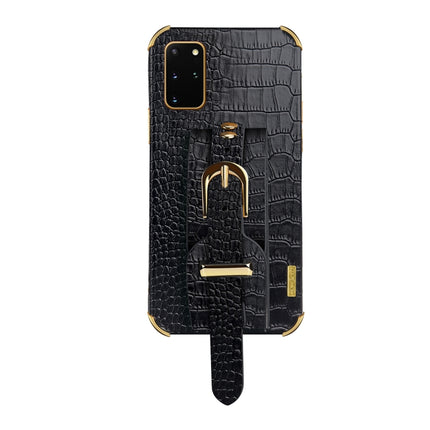 Electroplated TPU Crocodile Pattern Leather Case with Wrist Strap For Samsung Galaxy S20+(Black)-garmade.com