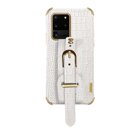 Electroplated TPU Crocodile Pattern Leather Case with Wrist Strap For Samsung Galaxy S20 Ultra(White)-garmade.com