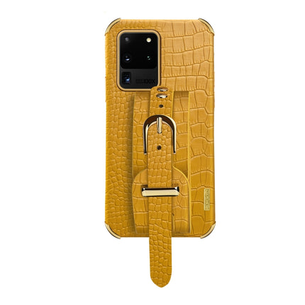 Electroplated TPU Crocodile Pattern Leather Case with Wrist Strap For Samsung Galaxy S20 Ultra(Yellow)-garmade.com