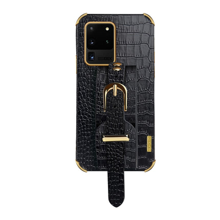 Electroplated TPU Crocodile Pattern Leather Case with Wrist Strap For Samsung Galaxy S20 Ultra(Black)-garmade.com