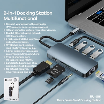 Remax RU-U91 Retor Series 9 In 1 Multi-function Type-C / USB-C HUB Docking Station(Dark Grey)-garmade.com