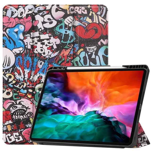 For iPad Pro 12.9 2022 / 2021 Colored Drawing Horizontal Flip TPU + PU Leather Tablet Case with Three-folding Holder & Sleep / Wake-up Function & Pen Slot(Graffiti)-garmade.com