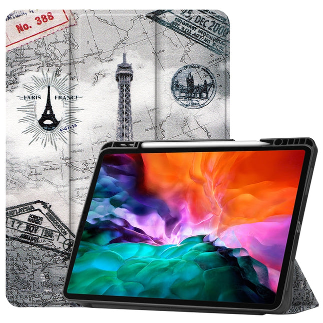 For iPad Pro 12.9 2022 / 2021 Colored Drawing Horizontal Flip TPU + PU Leather Tablet Case with Three-folding Holder & Sleep / Wake-up Function & Pen Slot(Eiffel Tower)-garmade.com