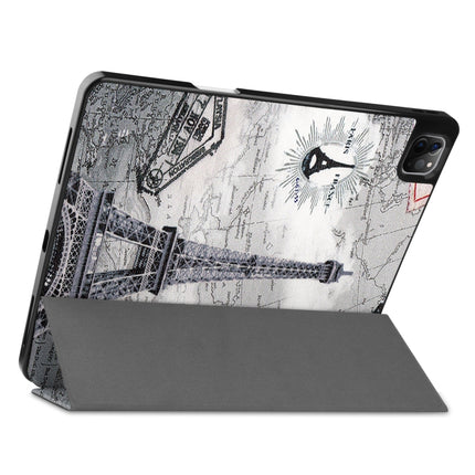 For iPad Pro 12.9 2022 / 2021 Colored Drawing Horizontal Flip TPU + PU Leather Tablet Case with Three-folding Holder & Sleep / Wake-up Function & Pen Slot(Eiffel Tower)-garmade.com