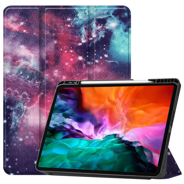 For iPad Pro 12.9 2022 / 2021 Colored Drawing Horizontal Flip TPU + PU Leather Tablet Case with Three-folding Holder & Sleep / Wake-up Function & Pen Slot(Milky Way)-garmade.com