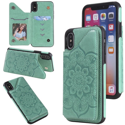 Flower Embossing Pattern Shockproof Protective Case with Holder & Card Slots & Photo Frame For iPhone XS / X(Green)-garmade.com