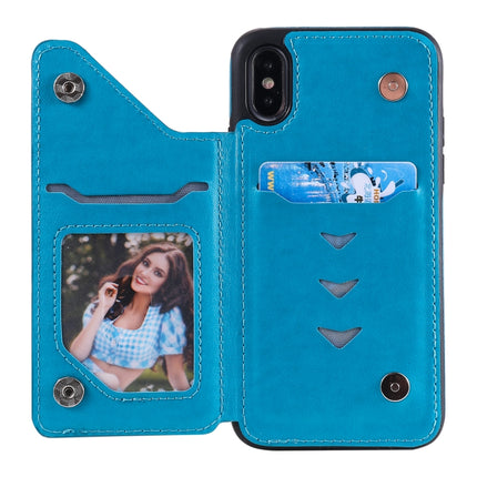Flower Embossing Pattern Shockproof Protective Case with Holder & Card Slots & Photo Frame For iPhone XS / X(Blue)-garmade.com