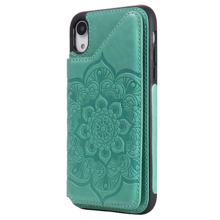 Flower Embossing Pattern Shockproof Protective Case with Holder & Card Slots & Photo Frame For iPhone XR(Green)-garmade.com