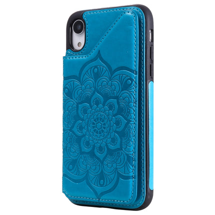 Flower Embossing Pattern Shockproof Protective Case with Holder & Card Slots & Photo Frame For iPhone XR(Blue)-garmade.com
