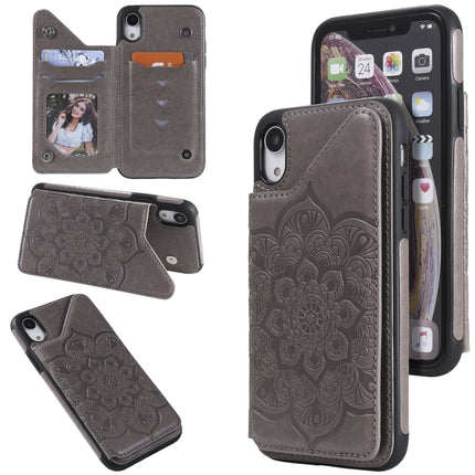 Flower Embossing Pattern Shockproof Protective Case with Holder & Card Slots & Photo Frame For iPhone XR(Grey)-garmade.com
