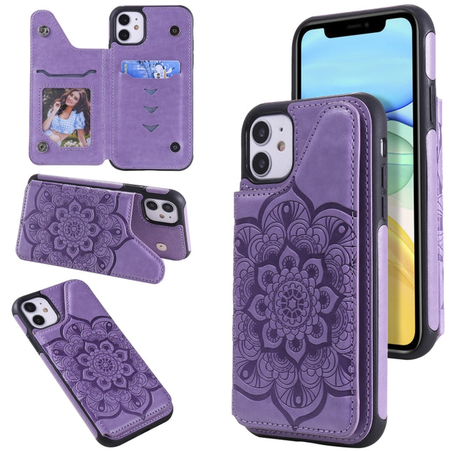 Flower Embossing Pattern Shockproof Protective Case with Holder & Card Slots & Photo Frame For iPhone 11(Purple)-garmade.com