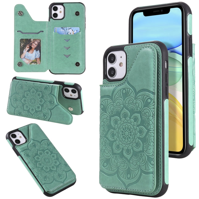 Flower Embossing Pattern Shockproof Protective Case with Holder & Card Slots & Photo Frame For iPhone 11(Green)-garmade.com