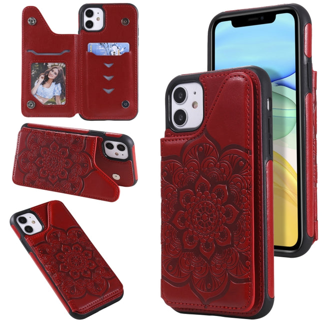 Flower Embossing Pattern Shockproof Protective Case with Holder & Card Slots & Photo Frame For iPhone 11(Red)-garmade.com