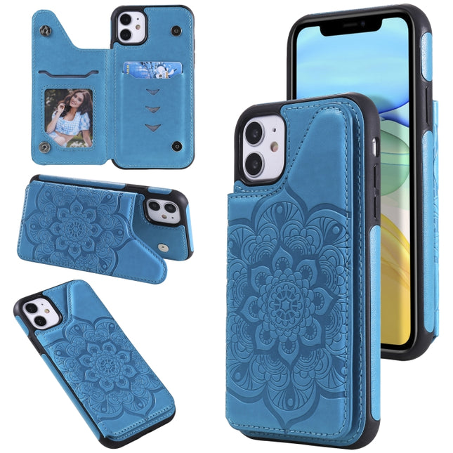 Flower Embossing Pattern Shockproof Protective Case with Holder & Card Slots & Photo Frame For iPhone 11(Blue)-garmade.com