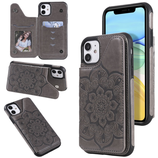 Flower Embossing Pattern Shockproof Protective Case with Holder & Card Slots & Photo Frame For iPhone 11(Grey)-garmade.com