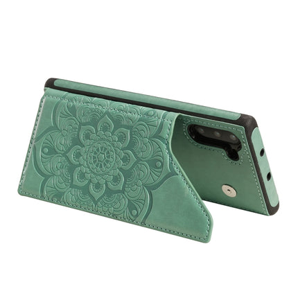 For Samsung Galaxy Note10 Flower Embossing Pattern Shockproof Protective Case with Holder & Card Slots & Photo Frame(Green)-garmade.com