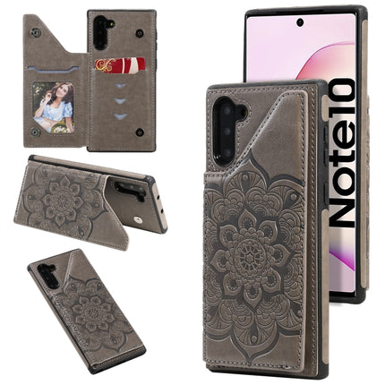 For Samsung Galaxy Note10 Flower Embossing Pattern Shockproof Protective Case with Holder & Card Slots & Photo Frame(Grey)-garmade.com
