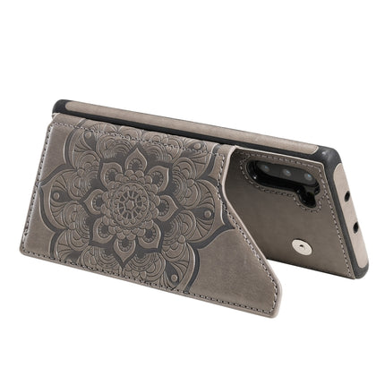 For Samsung Galaxy Note10 Flower Embossing Pattern Shockproof Protective Case with Holder & Card Slots & Photo Frame(Grey)-garmade.com