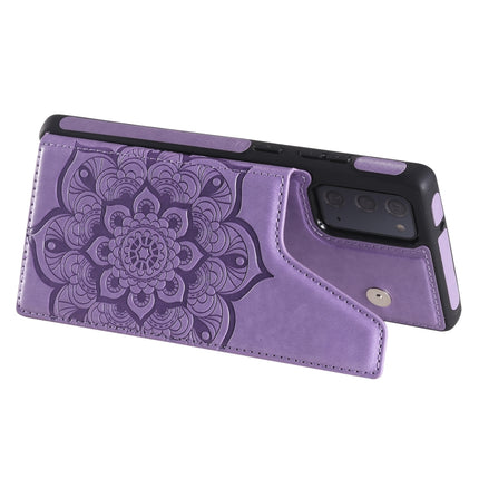 For Samsung Galaxy Note20 Flower Embossing Pattern Shockproof Protective Case with Holder & Card Slots & Photo Frame(Purple)-garmade.com