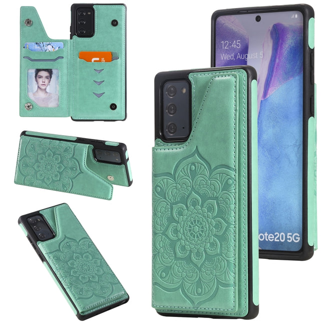 For Samsung Galaxy Note20 Flower Embossing Pattern Shockproof Protective Case with Holder & Card Slots & Photo Frame(Green)-garmade.com