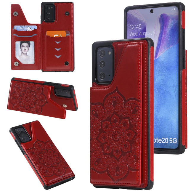 For Samsung Galaxy Note20 Flower Embossing Pattern Shockproof Protective Case with Holder & Card Slots & Photo Frame(Red)-garmade.com
