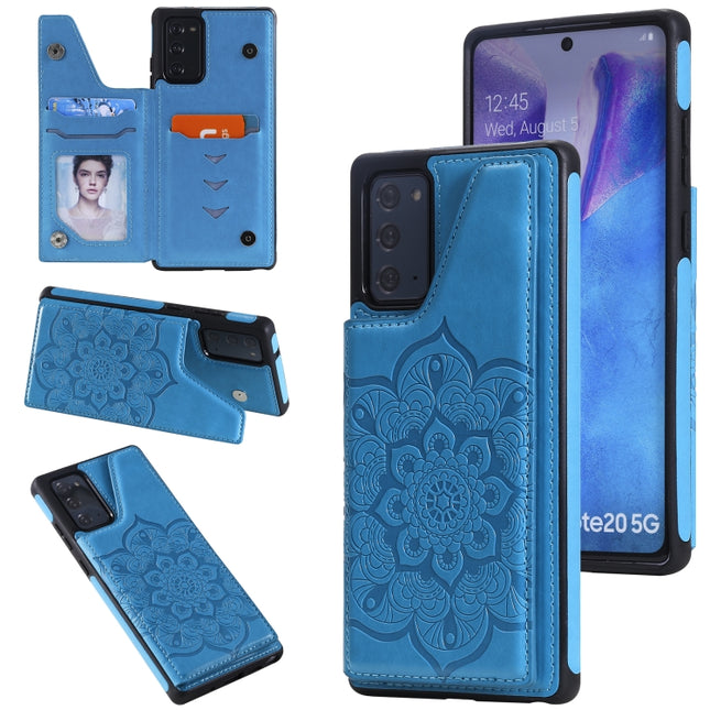 For Samsung Galaxy Note20 Flower Embossing Pattern Shockproof Protective Case with Holder & Card Slots & Photo Frame(Blue)-garmade.com