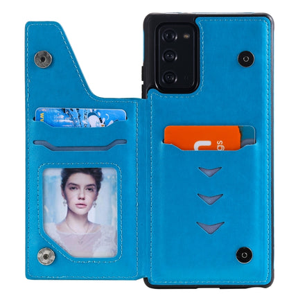 For Samsung Galaxy Note20 Flower Embossing Pattern Shockproof Protective Case with Holder & Card Slots & Photo Frame(Blue)-garmade.com