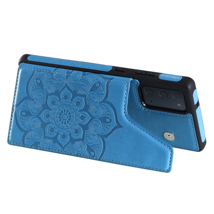 For Samsung Galaxy Note20 Flower Embossing Pattern Shockproof Protective Case with Holder & Card Slots & Photo Frame(Blue)-garmade.com