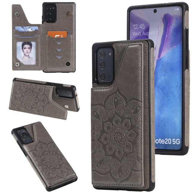 For Samsung Galaxy Note20 Flower Embossing Pattern Shockproof Protective Case with Holder & Card Slots & Photo Frame(Grey)-garmade.com