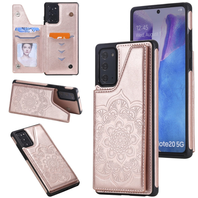 For Samsung Galaxy Note20 Flower Embossing Pattern Shockproof Protective Case with Holder & Card Slots & Photo Frame(Rose Gold)-garmade.com