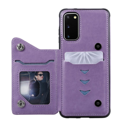 For Samsung Galaxy S20 Flower Embossing Pattern Shockproof Protective Case with Holder & Card Slots & Photo Frame(Purple)-garmade.com