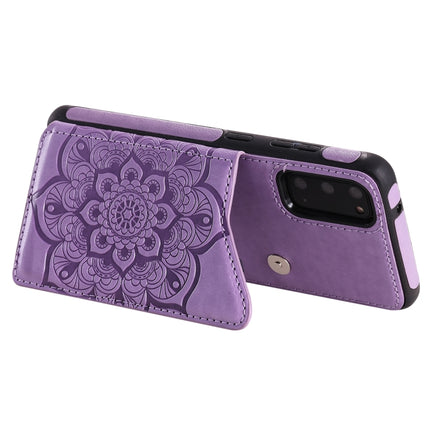 For Samsung Galaxy S20 Flower Embossing Pattern Shockproof Protective Case with Holder & Card Slots & Photo Frame(Purple)-garmade.com