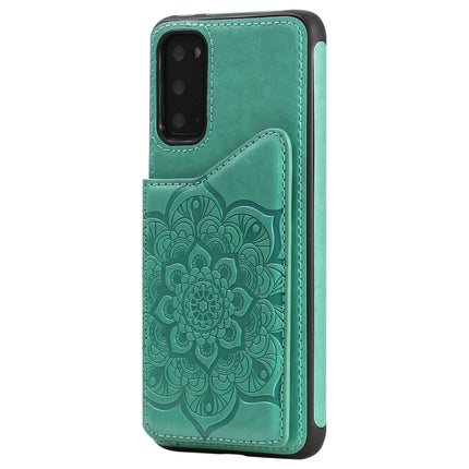 For Samsung Galaxy S20 Flower Embossing Pattern Shockproof Protective Case with Holder & Card Slots & Photo Frame(Green)-garmade.com