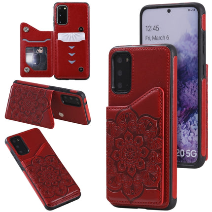 For Samsung Galaxy S20 Flower Embossing Pattern Shockproof Protective Case with Holder & Card Slots & Photo Frame(Red)-garmade.com