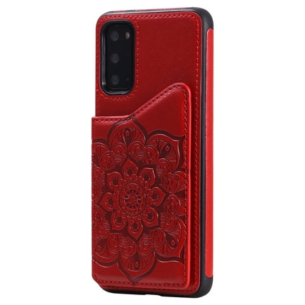 For Samsung Galaxy S20 Flower Embossing Pattern Shockproof Protective Case with Holder & Card Slots & Photo Frame(Red)-garmade.com