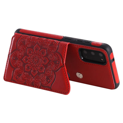 For Samsung Galaxy S20 Flower Embossing Pattern Shockproof Protective Case with Holder & Card Slots & Photo Frame(Red)-garmade.com