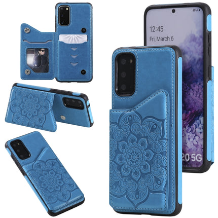 For Samsung Galaxy S20 Flower Embossing Pattern Shockproof Protective Case with Holder & Card Slots & Photo Frame(Blue)-garmade.com